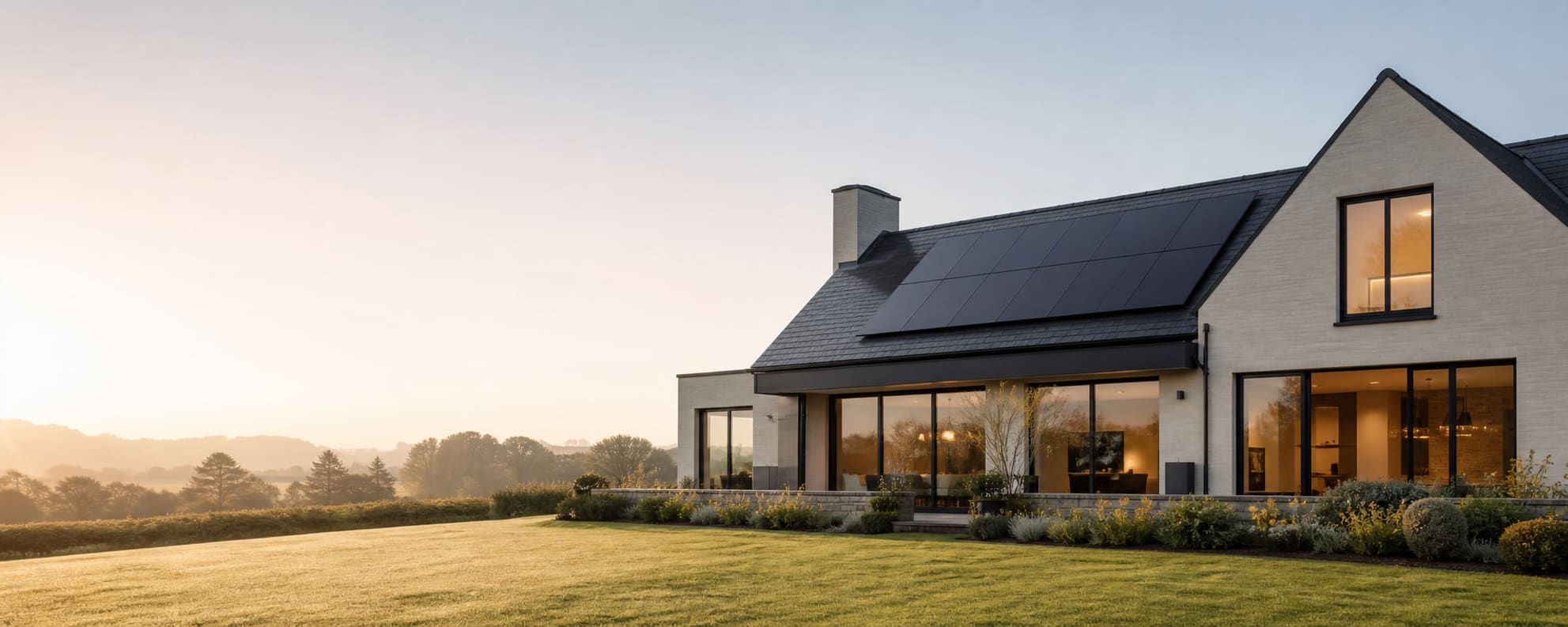 A house with a panelled roof and a lawn in early morning light