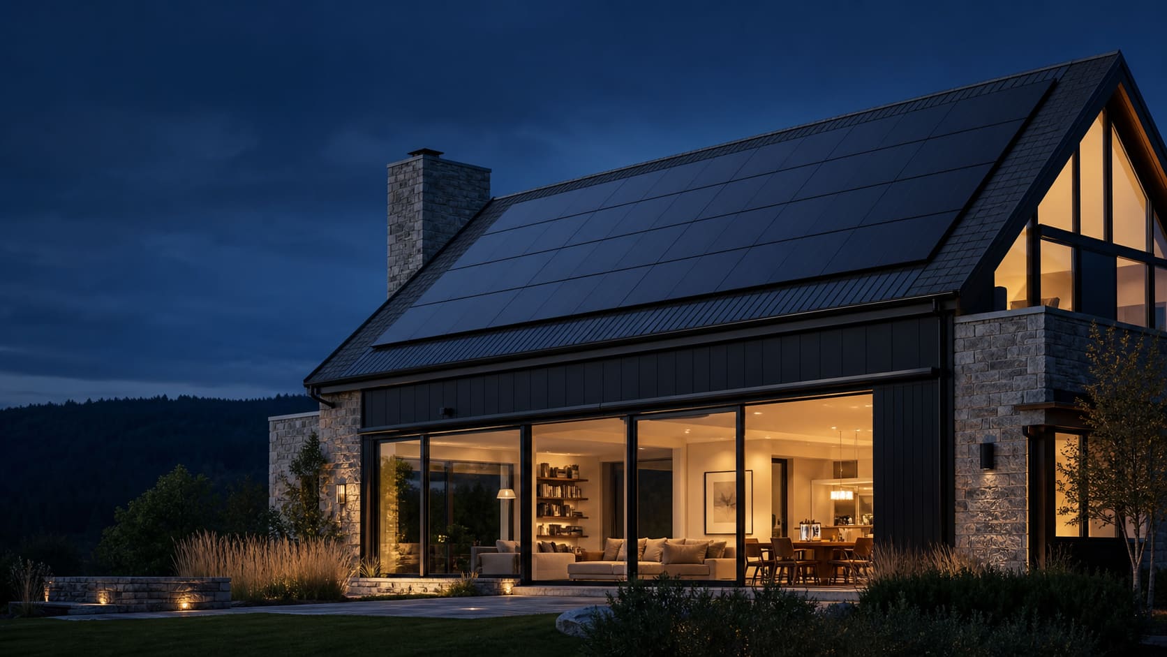 A house at night with panels across its dark roof and warm light inside