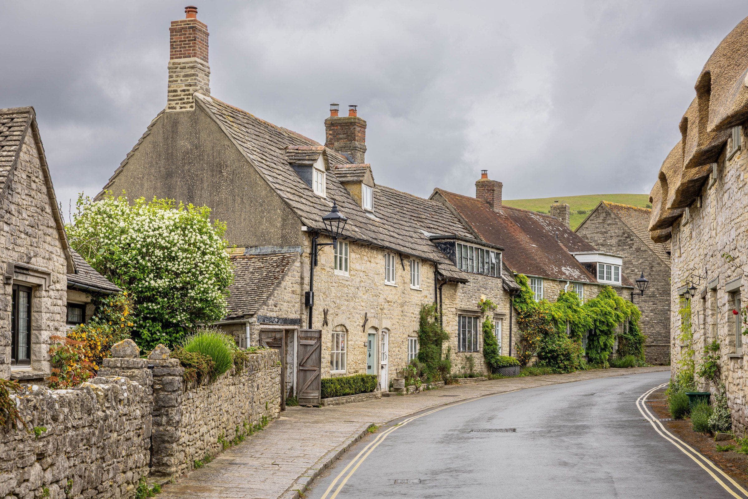 A lane of stone cottages with slate and thatched roofs