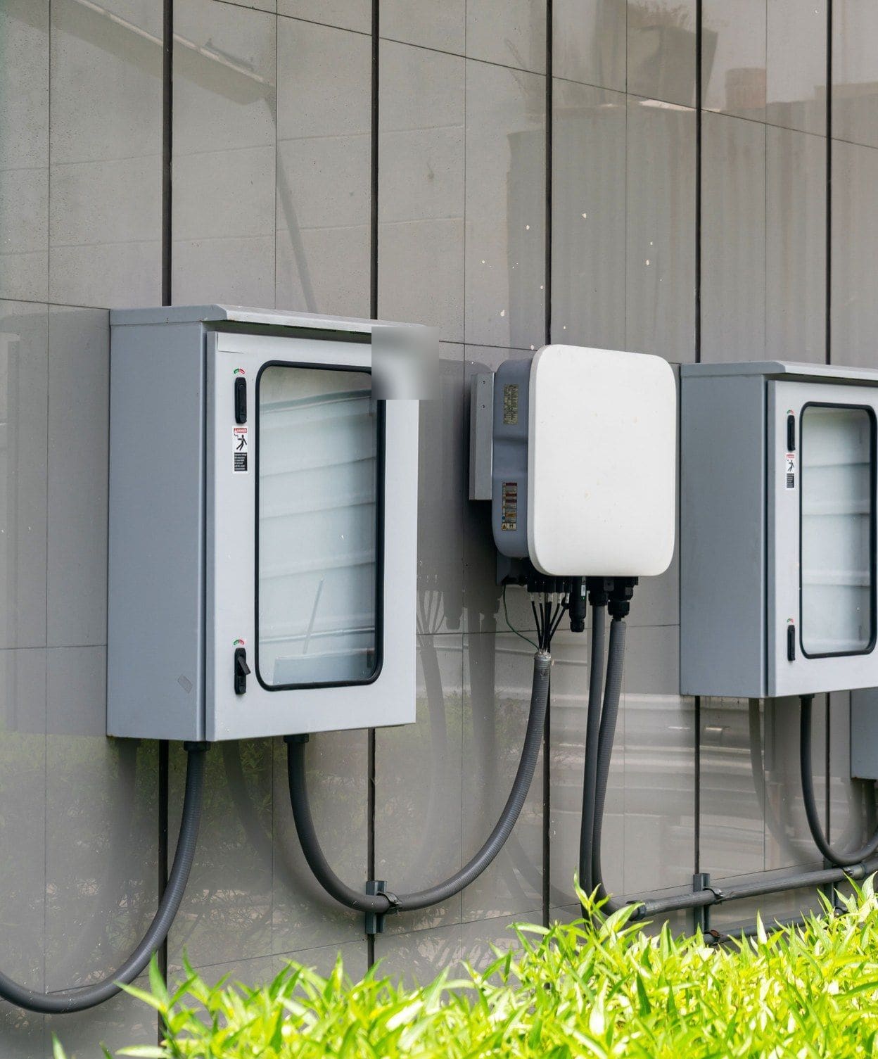 A solar inverter on an outside wall between its isolator cabinets, cables running down from each